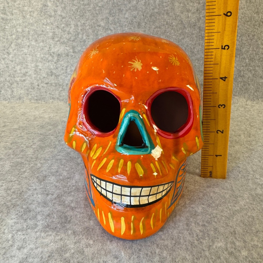 Hand Painted Day Of The Dead Orange White Green Yellow Skull Flowers Birds Stars - Picture 6 of 6